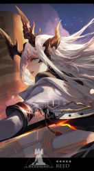 Rule 34 | 1girl, arknights, artist name, blue eyes, clothing request, commentary, commentary request, copyright notice, dragon horns, english text, from side, horns, jacket, layered sleeves, letterboxed, long hair, long sleeves, open mouth, reed (arknights), rhodes island logo (arknights), short over long sleeves, short sleeves, solo, star (symbol), train hb, upper body, white hair