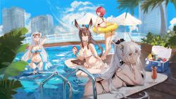 Rule 34 | 4girls, absurdres, alternate costume, amiya (arknights), arknights, bikini, black bikini, blue bikini, breasts, brown hair, can, cityscape, commentary request, cup, drink can, drinking glass, exusiai (arknights), halo, highres, horns, innertube, koi han, large breasts, medium breasts, multi-strapped bikini, multiple girls, outdoors, plant, pool, red eyes, red hair, shining (arknights), short hair, silver hair, skadi (arknights), soda can, swim ring, swimsuit, tree, wading