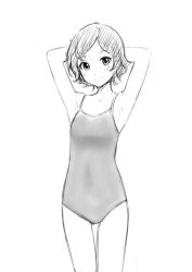 Rule 34 | 1girl, armpits, arms behind head, blush, casual one-piece swimsuit, cowboy shot, greyscale, masami-san (regdic), mole, mole under eye, monochrome, one-piece swimsuit, original, regdic, school swimsuit, short hair, sketch, smile, solo, swimsuit