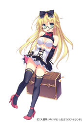 Rule 34 | 1girl, :d, bare shoulders, black thighhighs, blonde hair, bra, cameltoe, clothes lift, corset, cross-laced clothes, daibouken! yukeyuke osawari island, elbow gloves, full body, glasses, gloves, green eyes, high heels, holding, holding behind back, long hair, ochinsama, official art, open mouth, original, panties, shirt lift, simple background, smile, solo, suitcase, thighhighs, underwear, watermark, white background, white bra, white panties
