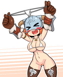 Rule 34 | &gt;o&lt;, 1girl, :d, abs, amulet, arm guards, armpits, arms up, bikini, bikini top only, blush stickers, boots, breasts, brown footwear, brown gloves, closed eyes, dovahkiin, dovakini-chan, fake horns, female pubic hair, gloves, heart-shaped pubic hair, helmet, holding, holding clothes, holding swimsuit, horned helmet, horns, jewelry, large breasts, long hair, navel, necklace, nisetanaka, open mouth, orange hair, ponytail, pubic hair, pussy, shaped pubic hair, smile, solo, stomach, string bikini, swimsuit, the elder scrolls, the elder scrolls v: skyrim, thigh boots, white bikini
