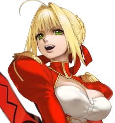 Rule 34 | 1girl, ahoge, angry, blonde hair, braid, breasts, cleavage, conto, epaulettes, fate/extra, fate/grand order, fate (series), french braid, from below, green eyes, hair intakes, lips, looking at viewer, looking down, nero claudius (fate), nero claudius (fate) (all), nero claudius (fate/extra), open mouth, puffy sleeves, simple background, solo, sword, teeth, weapon, white background, wide sleeves