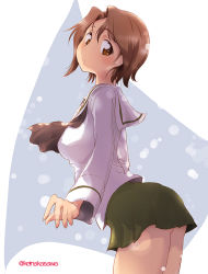 Rule 34 | 1girl, arched back, black neckerchief, blouse, brown eyes, brown hair, closed mouth, commentary, cowboy shot, from side, girls und panzer, green skirt, leaning forward, light particles, light smile, long sleeves, looking at viewer, looking back, miniskirt, nakasawa kei, neckerchief, ooarai school uniform, parted bangs, pleated skirt, sawa azusa, school uniform, serafuku, shirt, short hair, skirt, solo, standing, twintails, white shirt