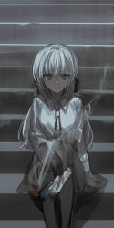 Rule 34 | 1girl, absurdres, between breasts, black bow, black gloves, black pantyhose, bow, breasts, chihuri, closed mouth, collared shirt, dress shirt, eve (chihuri), feet out of frame, fire, gloves, grey eyes, grey hair, hair between eyes, hair bow, highres, holding, knees up, long hair, long sleeves, original, pantyhose, shirt, sitting, sitting on stairs, sketch, smoke, solo, stairs, stone stairs, very long hair, white shirt