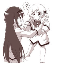Rule 34 | !?, 10s, 2girls, age regression, aged down, akemi homura, bad id, bad pixiv id, bare legs, barefoot, black hair, blush, bow, child, drill hair, graphite (medium), hair ornament, hair ribbon, hairpin, hobbang, lifting person, long hair, looking at another, mahou shoujo madoka magica, mahou shoujo madoka magica (anime), monochrome, multiple girls, open mouth, ribbon, school uniform, simple background, skirt, tomoe mami, traditional media, twin drills, twintails, white background