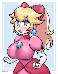 Rule 34 | 1girl, afimaki, blue eyes, blush, bow, breasts, dress, earrings, gloves, highres, jewelry, large breasts, mario (series), nintendo, princess peach, princess peach: showtime!, red bow, short sleeves, solo