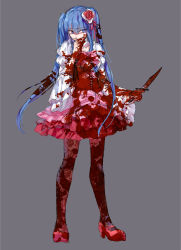 Rule 34 | 1girl, augetsix, blood, blood on clothes, blue eyes, blue hair, bow, dress, floral print, flower, full body, furudo erika, hair flower, hair ornament, hand to own mouth, knife, mary janes, pantyhose, print pantyhose, rose, shoes, smile, solo, twintails, umineko no naku koro ni, wide sleeves