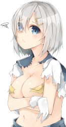 Rule 34 | 10s, 1girl, blouse, blue eyes, breasts, cole (coleltu), covering privates, covering breasts, crossed arms, gloves, hair ornament, hair over one eye, hairclip, hamakaze (kancolle), highres, kantai collection, large breasts, pleated skirt, school uniform, serafuku, shirt, short hair, silver hair, simple background, skirt, solo, torn clothes, white gloves
