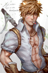 Rule 34 | 1boy, abs, animal ears, axe, backpack, bag, belt, blacksmith (ragnarok online), blonde hair, brown belt, brown gloves, cat ears, character name, chest tattoo, cigarette, commentary, dated, earrings, fake animal ears, gloves, greenteaa, hair between eyes, hairband, highres, jewelry, looking at viewer, male focus, parted lips, ragnarok online, shirt, short hair, short sleeves, signature, solo, tattoo, unbuttoned, unbuttoned shirt, upper body, weapon, weapon on back, white shirt, yellow eyes