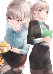 Rule 34 | 1girl, alcohol, beer, beer mug, black jacket, black skirt, blue ribbon, blue shirt, blush, breasts, closed mouth, commentary request, cup, food, from above, frown, half updo, highres, holding, holding cup, jacket, kfr, long hair, long sleeves, looking at viewer, looking up, medium breasts, miniskirt, mug, multiple views, neck ribbon, nose blush, office lady, open clothes, open jacket, original, pantyhose, pencil skirt, plate, ponytail, red eyes, ribbon, shirt, sidelocks, silver hair, sitting, skirt, stool, table, tears, watch, white background, wristwatch