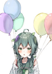 Rule 34 | 1girl, :o, ahoge, bad id, bad twitter id, balloon, blush, collarbone, commentary, green eyes, green hair, green sailor collar, green shirt, hair between eyes, hair over shoulder, holding, holding balloon, lab coat, leaf, leaf on head, long hair, long sleeves, looking at viewer, low twintails, midorikawa you, open clothes, original, parted lips, sailor collar, shirt, simple background, sleeves past wrists, solo, symbol-only commentary, twintails, white background