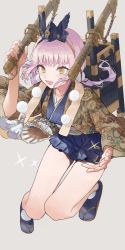 Rule 34 | 1girl, aroha (aroha390), bad id, bad pixiv id, beige background, blush, coin, fingernails, glint, grey background, highres, holding, holding weapon, japanese clothes, katana, long hair, long sleeves, open mouth, original, patterned, patterned background, pink hair, scabbard, sheath, sheathed, simple background, solo, sparkle, sword, weapon, wide sleeves, yellow eyes
