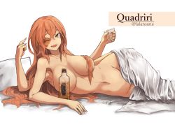 Rule 34 | 1girl, :d, alcohol, armpits, blanket, blush, borrowed character, breasts, character name, extra arms, hair censor, hitokuirou, large breasts, long hair, looking at viewer, lying, navel, nude, on bed, on side, one eye closed, open mouth, orange eyes, orange hair, original, pillow, quadriri (lansane), scar, signature, simple background, smile, solo, white background