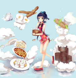 Rule 34 | 1girl, bacon, bamboo steamer, bowl, braid, bread, breasts, bunuojiang, china dress, chinese clothes, cleavage, cleavage cutout, clothing cutout, dim sum, dress, dumpling, eating, egg, egg (food), food, highres, jiaozi, luo tianyi, plate, red footwear, rice, shoes, short hair with long locks, shumai (food), solo, spill, spring onion, sunny side up egg, tofu, vocaloid