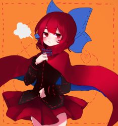 Rule 34 | 1girl, black shirt, blue bow, blush, bow, breath, cloak, commentary, hair bow, long sleeves, looking to the side, miniskirt, orange background, red cloak, red eyes, red hair, red skirt, sekibanki, shirt, short hair, skirt, solo, sonic2452, touhou