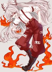 Rule 34 | 1girl, :d, black footwear, bow, cross-laced footwear, fire, fujiwara no mokou, grey background, hair bow, hand in pocket, long hair, long sleeves, looking at viewer, multiple bows, open mouth, pants, red pants, shirt, simple background, smile, solo, suspenders, touhou, white background, white bow, white hair, white shirt, zetsumame