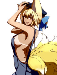 Rule 34 | 1girl, alternate hairstyle, animal ears, arms up, blonde hair, breasts, dearmybrothers, female focus, fox ears, fox tail, hair up, hand on headwear, hat, highres, large breasts, looking at viewer, multiple tails, naked overalls, no bra, no panties, overalls, ponytail, sideboob, simple background, solo, sweat, tail, tan, tanline, tongue, tongue out, touhou, white background, yakumo ran, yellow eyes