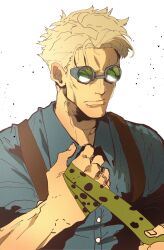 Rule 34 | 1boy, absurdres, animal print, blue shirt, buttons, closed mouth, collared shirt, dress shirt, film grain, forehead, goggles, green-tinted eyewear, hand up, highres, isaacchief300, jujutsu kaisen, leopard print, lips, mature male, muscular, muscular male, nanami kento, necktie, nose, paint splatter, pointy hair, round eyewear, shirt, simple background, suspenders, tinted eyewear, undercut, upper body, white background, wrapping, yellow necktie