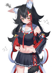 Rule 34 | 1girl, absurdres, animal ear fluff, animal ears, bell, belly grab, black hair, black shirt, black skirt, blush, brown eyes, cape, closed mouth, cowboy shot, crop top, daichi (daichi catcat), detached sleeves, hair ornament, hairclip, highres, hololive, jingle bell, long sleeves, looking down, midriff, miniskirt, multicolored hair, navel, ookami mio, ookami mio (1st costume), red cape, red hair, sailor collar, shirt, simple background, skirt, sleeveless, sleeveless shirt, solo, sound effects, squiggle, standing, streaked hair, tail, translation request, virtual youtuber, weight conscious, white background, white sailor collar, wolf ears, wolf girl, wolf tail