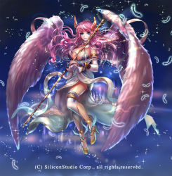 Rule 34 | 1girl, bare shoulders, blue eyes, breasts, cleavage, company name, fantasy, feathered wings, gyakushuu no fantasica, high heels, large breasts, miyano akihiro, official art, pink hair, solo, sparkle, staff, wings