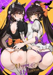Rule 34 | 2girls, absurdres, animal ears, ass, ass focus, atago (azur lane), azur lane, back cutout, bat (animal), black hair, black legwear, body markings, breast press, breasts, bug, clothing cutout, earrings, food-themed earrings, food themed earrings, frilled sleeves, frills, halloween, halloween costume, hand on another&#039;s ass, highres, jewelry, jintianhuahualema, large breasts, looking at viewer, maid, multiple girls, open mouth, orange panties, panties, ponytail, pumpkin, pumpkin earrings, purple panties, short sleeves, silk, skull earrings, spider, spider web, symmetrical docking, takao (azur lane), thick thighs, thighhighs, thighs, underwear, white legwear, yellow eyes