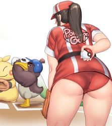 Rule 34 | 1girl, arm behind back, ass, baseball base, baseball glove, baseball helmet, black hair, breasts, closed mouth, commentary request, creatures (company), feet out of frame, female protagonist (pokemon go), from behind, from side, galarian farfetch&#039;d, game freak, gen 3 pokemon, hat, helmet, highres, holding, holding poke ball, large breasts, leaning forward, long hair, makuhita, nintendo, orizen, poke ball, pokemon, pokemon go, ponytail, short sleeves, sidelocks, standing, thick thighs, thighs, webbed feet, white background, wings