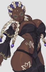 Rule 34 | 1girl, absurdres, bare shoulders, braid, breasts, dark-skinned female, dark skin, dolores (kof), forehead, glasses, green eyes, highres, large breasts, lips, looking at viewer, shiny skin, simple background, solo, the king of fighters, thighs, whoopsatro