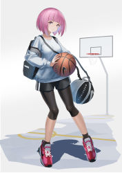Rule 34 | 1girl, absurdres, backpack, bag, ball, basketball, basketball (object), basketball hoop, black pantyhose, black shorts, bob cut, breasts, commentary request, grey background, highres, holding, holding ball, leggings, leggings under shorts, long sleeves, medium breasts, nike (company), original, pantyhose, pink eyes, pink hair, puffy long sleeves, puffy sleeves, red footwear, shirt, shoes, short hair, short shorts, shorts, shoulder bag, sneakers, socks, solo, sthk, white shirt