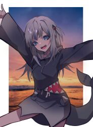 Rule 34 | 1girl, absurdres, animal costume, arms up, beach, blue eyes, blue hair, blue hoodie, border, commentary, drawstring, english commentary, evening, fins, fish tail, gawr gura, gawr gura (1st costume), grey hair, hair ornament, highres, hololive, hololive english, hood, hood down, hoodie, long hair, long sleeves, looking at viewer, mentally deficient, multicolored hair, no pants, open mouth, outside border, shark costume, shark girl, shark hair ornament, shark tail, sharp teeth, sidelocks, smile, solo, streaked hair, tail, teeth, two-tone hair, virtual youtuber, white border, wide sleeves
