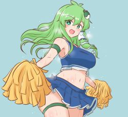 Rule 34 | 1girl, antenna hair, aqua background, blue shirt, blue skirt, breasts, bright pupils, cheerleader, commentary request, cowboy shot, crop top, frog hair ornament, green eyes, green hair, hair ornament, holding, holding pom poms, kochiya sanae, large breasts, long hair, looking at viewer, microskirt, mizusoba, navel, open mouth, pleated skirt, pom pom (cheerleading), pom poms, shirt, simple background, skirt, snake hair ornament, solo, sweat, thigh strap, touhou, white pupils
