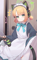 Rule 34 | 1girl, absurdres, animal ear headphones, animal ears, apron, bei qi, blonde hair, blue archive, cat ear headphones, cat tail, clothes lift, collared dress, door, dress, fake animal ears, fake tail, green eyes, grin, halo, headphones, highres, holding own tail, long sleeves, looking at viewer, low ponytail, maid, maid headdress, midori (blue archive), neck ribbon, pantyhose, ribbon, short hair, skirt, skirt lift, smile, solo, tail, torn clothes, torn pantyhose