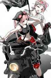 1boy 1girl artist_request black_bag black_tank_top cigarette gloves goggles goggles_on_head motor_vehicle motorcycle original pants pants_rolled_up pink_hair tank_top