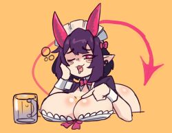 Rule 34 | 1girl, :3, apron, beer mug, bent over, blush stickers, borrowed character, bow, bowtie, breasts, bubble, cleavage, cowboy shot, cup, demon horns, demon tail, detached collar, doce, drooling, drunk, earrings, female focus, half-closed eyes, heart, heart-shaped pupils, highres, horns, jewelry, large breasts, looking at viewer, maid apron, maid headdress, mouth drool, mug, one eye closed, open mouth, original, pointing, pointy ears, purple hair, red eyes, ribbon, selene (daigada), short hair, simple background, single earring, solo, symbol-shaped pupils, tail, wrist cuffs
