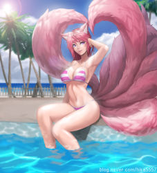 Rule 34 | ahri (league of legends), alternate costume, alternate hair color, animal ears, armpits, bikini, breasts, cleavage, day, facial mark, fox ears, fox girl, fox tail, hand in own hair, kim yj, large breasts, league of legends, navel, outdoors, palm tree, pink bikini, pink hair, pool, solo, striped bikini, striped clothes, swimsuit, tail, tree, water, whisker markings