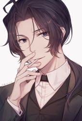 Rule 34 | 1boy, ahoge, ayuanlv, black hair, black jacket, black vest, blue eyes, cigarette, collared shirt, dated, dress shirt, formal, grey background, hair between eyes, hair over shoulder, hand up, jacket, long hair, looking at viewer, low ponytail, male focus, mouth hold, parted bangs, parted lips, ponytail, sherlock holmes (yuukoku no moriarty), shirt, signature, simple background, solo, suit, upper body, vest, white shirt, yuukoku no moriarty