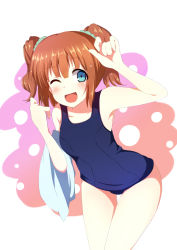 Rule 34 | 1girl, ;d, bad id, bad pixiv id, blue eyes, brown hair, idolmaster, idolmaster (classic), one-piece swimsuit, one eye closed, open mouth, school swimsuit, short hair, smile, solo, suteba (grzjkbhgf), swimsuit, takatsuki yayoi, towel, twintails