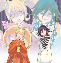 Rule 34 | 1boy, 1girl, arms behind head, black scarf, blonde hair, bnags, bow, buttons, cat hair ornament, checkered clothes, checkered scarf, danganronpa (series), danganronpa 2: goodbye despair, danganronpa v3: killing harmony, double-breasted, evil grin, evil smile, facing viewer, green bow, grey jacket, grin, hair between eyes, hair bow, hair ornament, heart, highres, jacket, japanese clothes, jijon (zzonegirl), kimono, long hair, obi, open mouth, orange kimono, oma kokichi, saionji hiyoko, sash, scarf, smile, teeth, translation request, twintails, upper teeth only, white scarf, wide sleeves