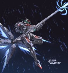Rule 34 | artist name, beam cannon, character name, commentary, english commentary, firing, glowing, glowing eyes, green eyes, gundam, gundam calibarn, gundam suisei no majo, highres, holding, holding cannon, holding weapon, jellen squish, looking ahead, mecha, mecha focus, mobile suit, no humans, robot, science fiction, solo, space, thrusters, v-fin, weapon