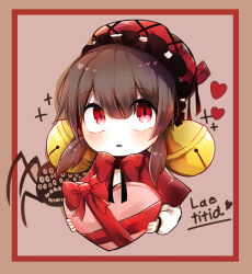 Rule 34 | 1girl, absurdres, bell, brown hair, capelet, commentary request, frilled hat, frills, hair bell, hair ornament, hat, heart, highres, holding, holding heart, laetitia (project moon), lobotomy corporation, long sleeves, neck ribbon, no nose, noyu (noyu23386566), pale skin, parted lips, project moon, red capelet, red eyes, red ribbon, ribbon, shirt, solo, white shirt