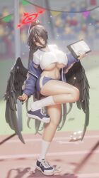 Rule 34 | 1girl, adjusting footwear, ai-assisted, animated, animated gif, black hair, black wings, blue archive, blue shorts, blurry, blurry background, blush, breasts, cleavage, confetti, feathered wings, flying sweatdrops, gym shirt, hair between eyes, hasumi (blue archive), hasumi (track) (blue archive), holding, holding notepad, huge breasts, jacket, jacket partially removed, jumping, large breasts, linea alba, long hair, looping animation, navel, notepad, official alternate costume, paid reward available, ponytail, running track, shirt, shirt overhang, shorts, socks, solo, track jacket, ucupumar, underboob, very long hair, white socks, wings