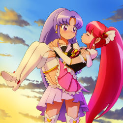 Rule 34 | 10s, 2girls, aino megumi, bad id, bad pixiv id, blush, boots, brooch, carrying, closed eyes, cloud, cure fortune, cure lovely, earrings, embarrassed, fingerless gloves, gloves, hair ornament, happinesscharge precure!, heart, heart brooch, heart hair ornament, high heels, highres, hikawa iona, jewelry, long hair, looking at another, magical girl, mont blanc (heartcatch ayaya), multiple girls, pink hair, pink skirt, ponytail, precure, princess carry, purple eyes, purple hair, purple skirt, shirt, skirt, sky, standing, sunset, thigh boots, thighhighs, thighs, vest, white legwear, wide ponytail, wrist cuffs, yuri, zettai ryouiki