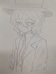 Rule 34 | 1other, absurdres, androgynous, bingkuaihei, chinese commentary, closed mouth, collared shirt, commentary request, enraku tsubakura, graphite (medium), greyscale, hair between eyes, hat, highres, jacket, len&#039;en, long hair, monochrome, necktie, open clothes, open jacket, other focus, shirt, short hair, simple background, solo, traditional media, upper body, white background