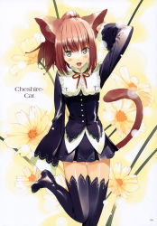 Rule 34 | 1girl, absurdres, alice in wonderland, animal ears, boots, cat ears, cat girl, cheshire cat (alice in wonderland), fang, female focus, flower, gradient background, highres, long sleeves, open mouth, ponytail, red hair, skirt, solo, thigh boots, thighhighs, ueda ryou