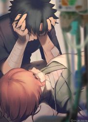 Rule 34 | 1boy, 1girl, alternate costume, bandage on face, bandaged arm, bandaged neck, bandages, bed, bed sheet, black hair, black shirt, closed eyes, closed mouth, commentary request, crying, eyes visible through hair, fate/grand order, fate (series), fujimaru ritsuka (male), hand in own hair, hand on own face, hospital bed, hospital gown, indoors, injury, intravenous drip, iv stand, kaita (mokamilkcup), lying, mash kyrielight, pink hair, pointy hair, shirt, short hair, short sleeves, sleeping, tears, twitter username, upper body