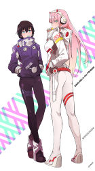 Rule 34 | 1boy, 1girl, absurdres, black pants, candy, chicke iii, copyright name, darling in the franxx, food, full body, green eyes, hairband, hand in pocket, hands in pocket, headphones, height difference, highres, hiro (darling in the franxx), horns, lollipop, long hair, long sleeves, looking at viewer, pants, pink hair, standing, sweater, very long hair, wedge heels, white background, white hairband, white pants, white sweater, zero two (darling in the franxx)