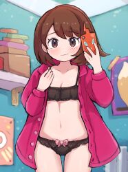 Rule 34 | 1girl, blush, bow, breasts, brown eyes, brown hair, buttons, cleavage, closed mouth, collarbone, collared dress, commentary request, cowboy shot, creatures (company), dress, eyelashes, game freak, gen 4 pokemon, gloria (pokemon), hands up, highres, holding, holding phone, indoors, kutabireta neko, lingerie, long sleeves, medium hair, navel, nintendo, open clothes, open dress, phone, pink bow, pink dress, pokemon, pokemon swsh, rotom, rotom phone, shelf, small breasts, smile, solo, underwear