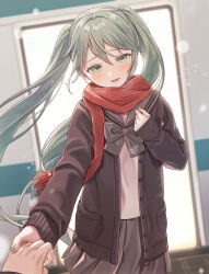 Rule 34 | 1girl, absurdres, blue eyes, blue hair, blush, bow, bowtie, cardigan, commentary, hajimete no koi ga owaru toki (vocaloid), hand on own chest, hatsune miku, highres, holding hands, long hair, long sleeves, looking at viewer, nail polish, open mouth, pleated skirt, pov, revision, scarf, school uniform, serafuku, skirt, sleeves past wrists, smile, snowflake print, solo focus, striped clothes, striped scarf, tearing up, train, train station platform, twintails, very long hair, vocaloid, vs0mr, wind