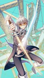 Rule 34 | 1boy, ash (bloodline), blade, bloodline, clothes, cross, male focus, non-web source, outdoors, silver hair, sky, solo, sword, watermark, weapon, web address