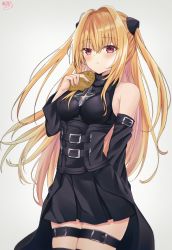 Rule 34 | 1girl, akino ell, bare shoulders, black shirt, black skirt, black thighhighs, blonde hair, blouse, breasts, cleavage cutout, closed mouth, clothing cutout, cowboy shot, detached sleeves, food, hand up, highres, holding, holding food, konjiki no yami, leg belt, long hair, long sleeves, looking at viewer, medium breasts, miniskirt, pleated skirt, red eyes, shirt, skindentation, skirt, solo, standing, taiyaki, thigh strap, thighhighs, thighs, to love-ru, two side up, wagashi, waist cape, zettai ryouiki