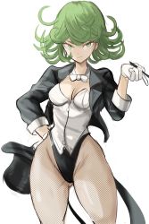 Rule 34 | 1girl, breasts, cleavage, cosplay, curvy, fishnets, gloves, green eyes, green hair, hat, highleg, highleg leotard, highres, legs apart, leotard, looking at viewer, magician, medium breasts, one-punch man, pantyhose, rakeemspoon, shiny clothes, simple background, solo, standing, tatsumaki, thong leotard, top hat
